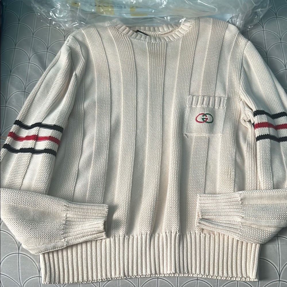 Gucci Cream and Red Crewneck Sweater with Ribbed Stripes